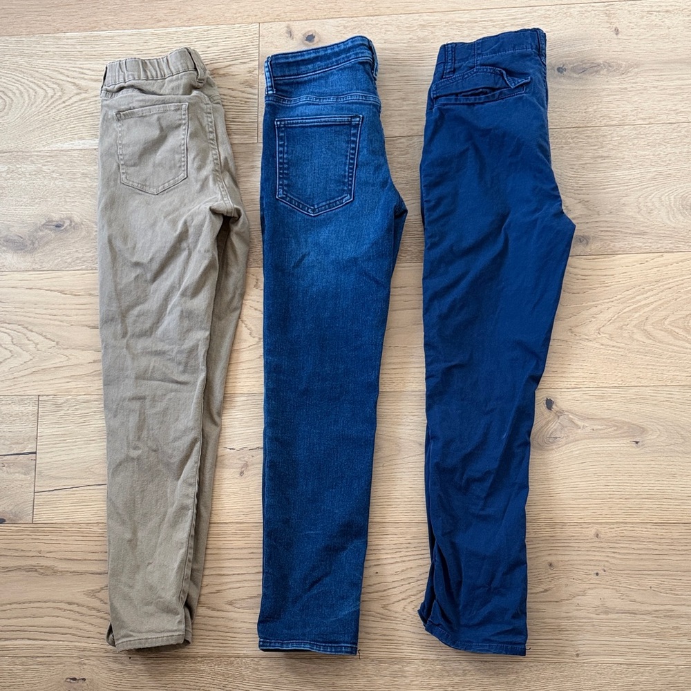 Set of Three Casual Pants - Tan, denim, and Navy. Gap and uniqlo size 12 boy